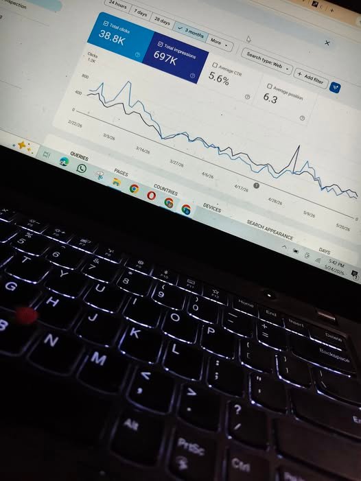 Laptop screen showing SEO performance analytics and Search Console graph